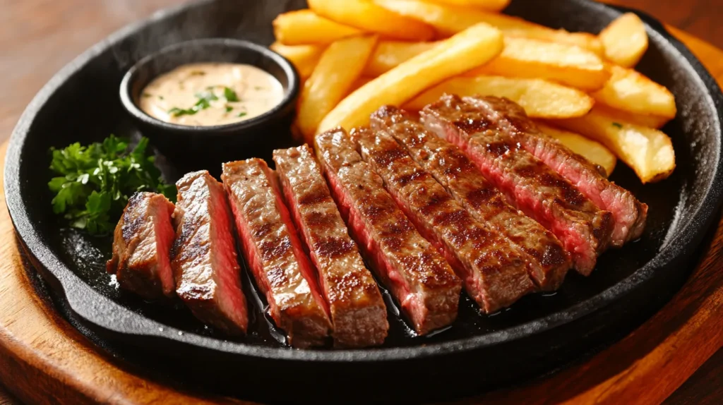 Juicy chip steak served with roasted vegetables.