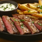 Perfectly seared chip steak on a cutting board, ready to serve.