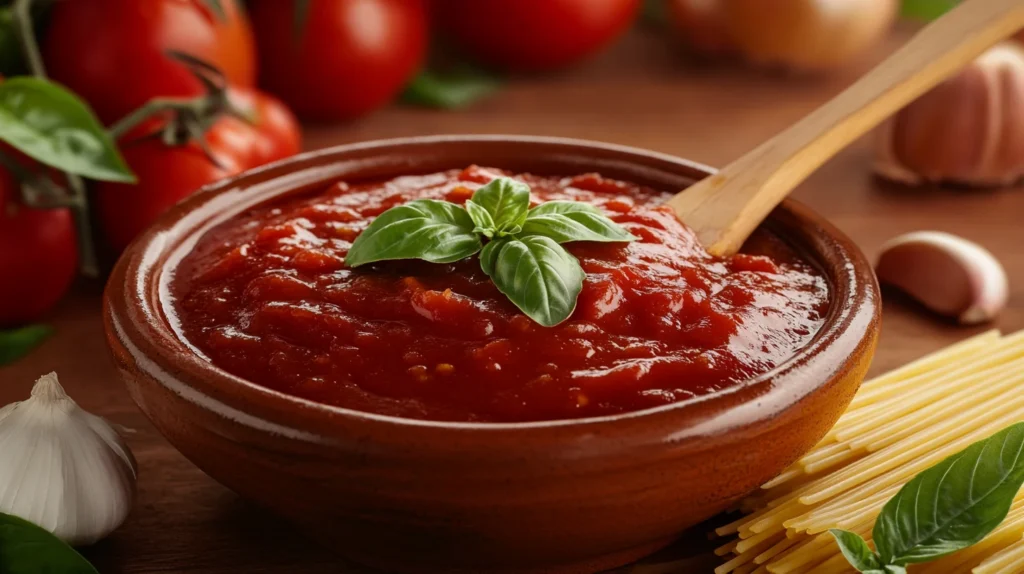 A close-up of salsa de tomate, with vibrant red tomatoes and spices blended together.