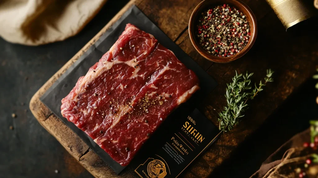Sirloin steak with a visible label showing freshness and quality details.