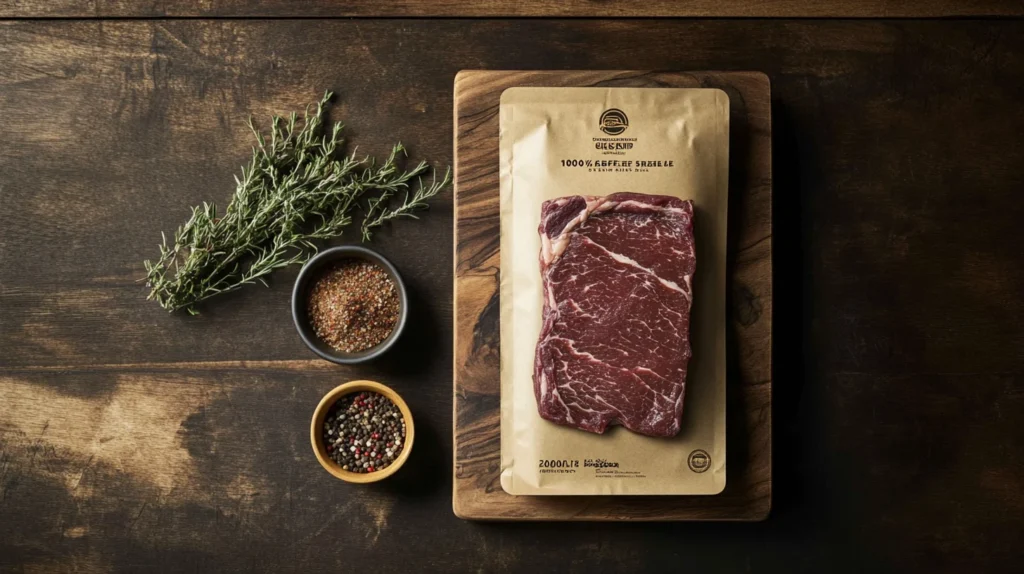 Close-up of a sirloin steak meat label, showcasing product details and freshness.