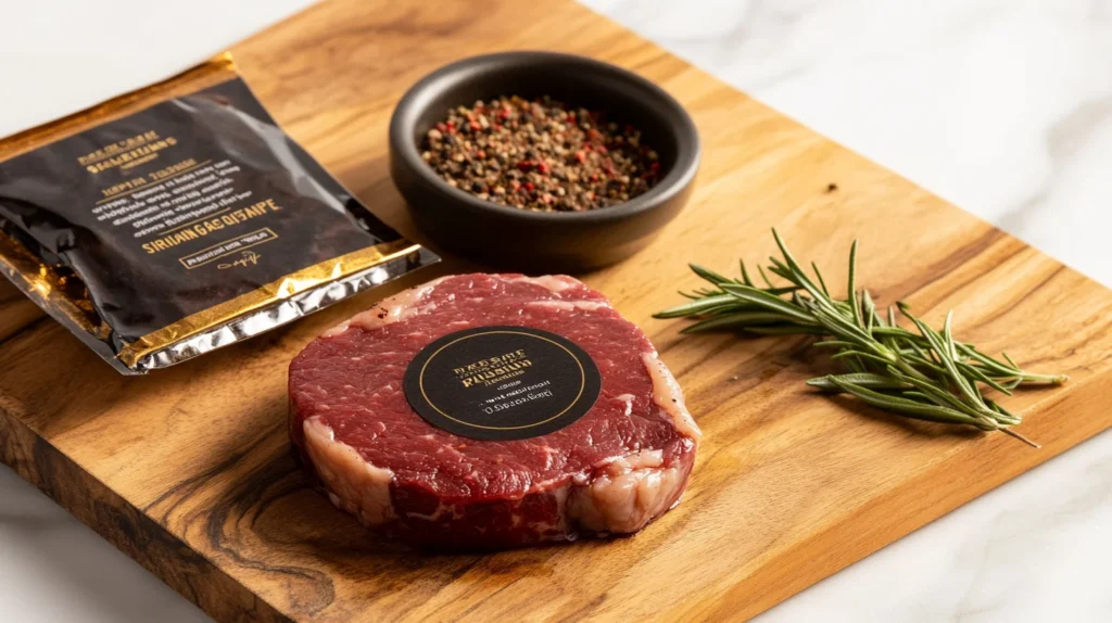 A label on a premium sirloin steak cut, highlighting the grade and origin.