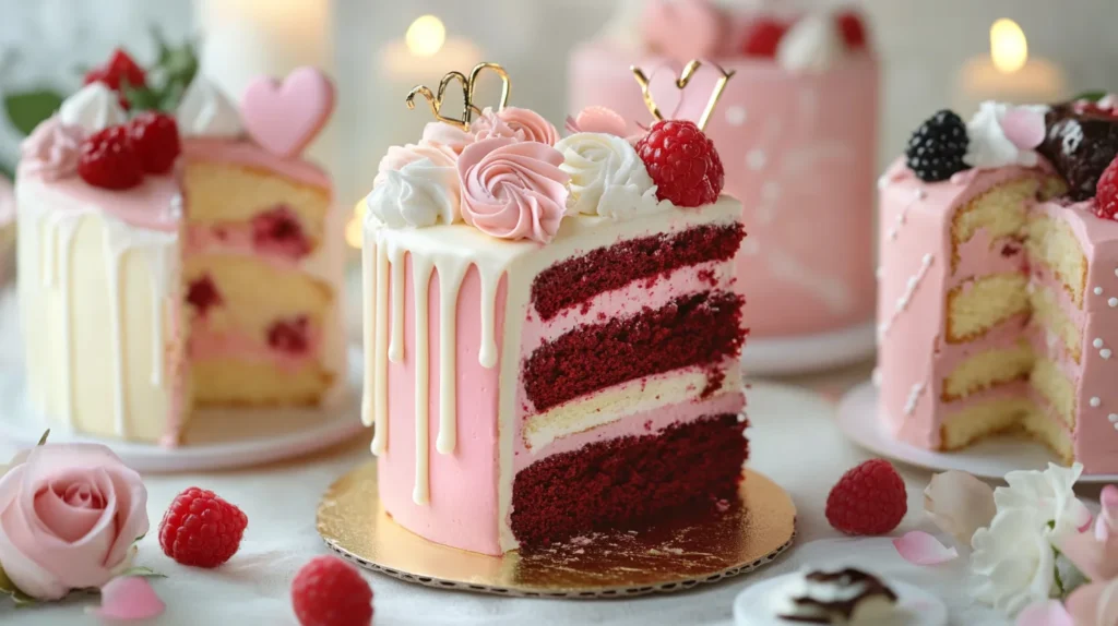 A beautifully frosted heart-shaped cake with fresh berries and cream.