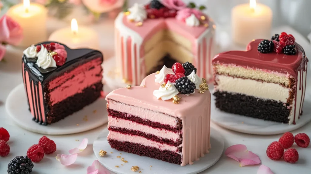 Valentine's Day heart cake with pink frosting and edible rose petals.