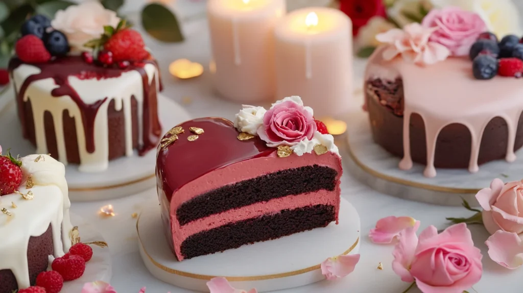 Romantic heart-shaped chocolate cake with a glossy ganache topping.