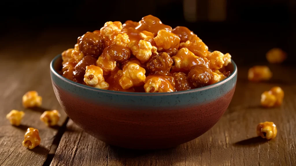 Close-up of caramel and cheese popcorn, blending the rich sweetness of caramel with the savory crunch of cheese-coated popcorn.