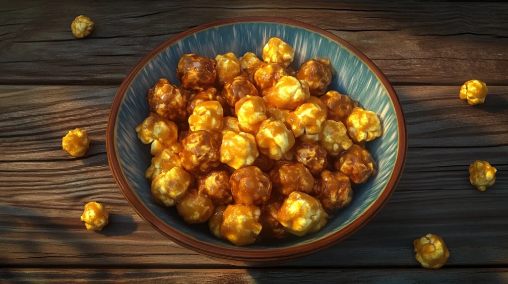 A bowl of caramel and cheese popcorn, featuring a sweet and savory mix of caramel-coated popcorn and cheesy kernels for the perfect snack.